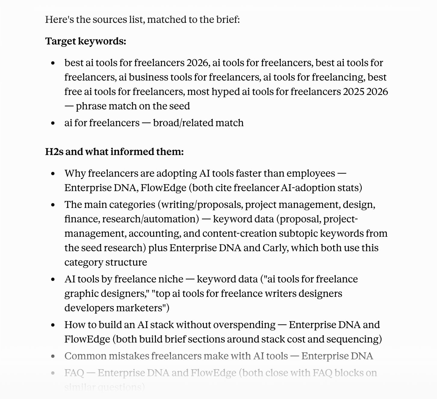 Claude output listing target keywords and sources used to inform sections of an AI tools for freelancers content brief