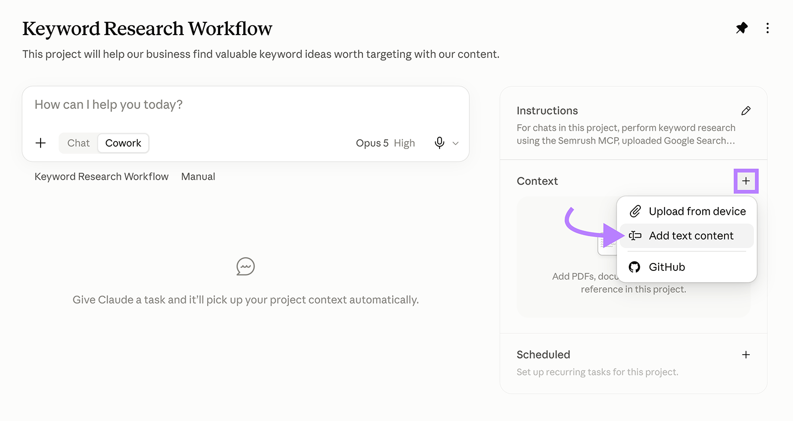 Claude project Context menu with Add text content selected for adding business information to the keyword research workflow