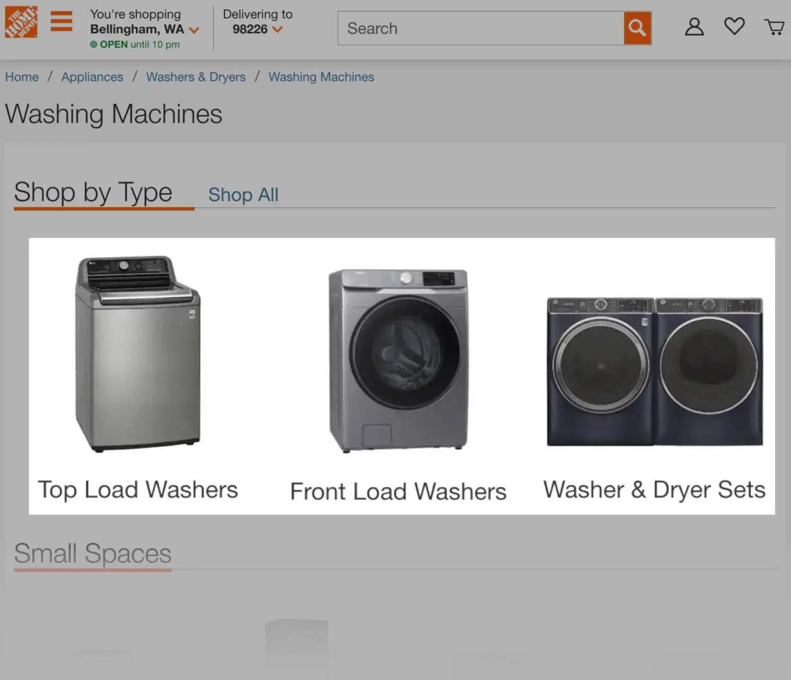 Home Depot washing machines page with internal links to top load, front load, and washer and dryer categories