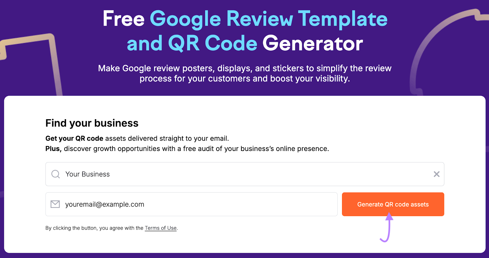 Entering a business and email address into the Free Google Review Template and QR Code Generator.