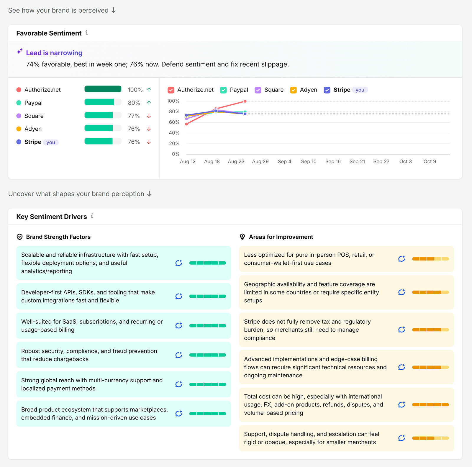 Semrush brand perception report showing Stripe sentiment, brand strengths, and areas for improvement