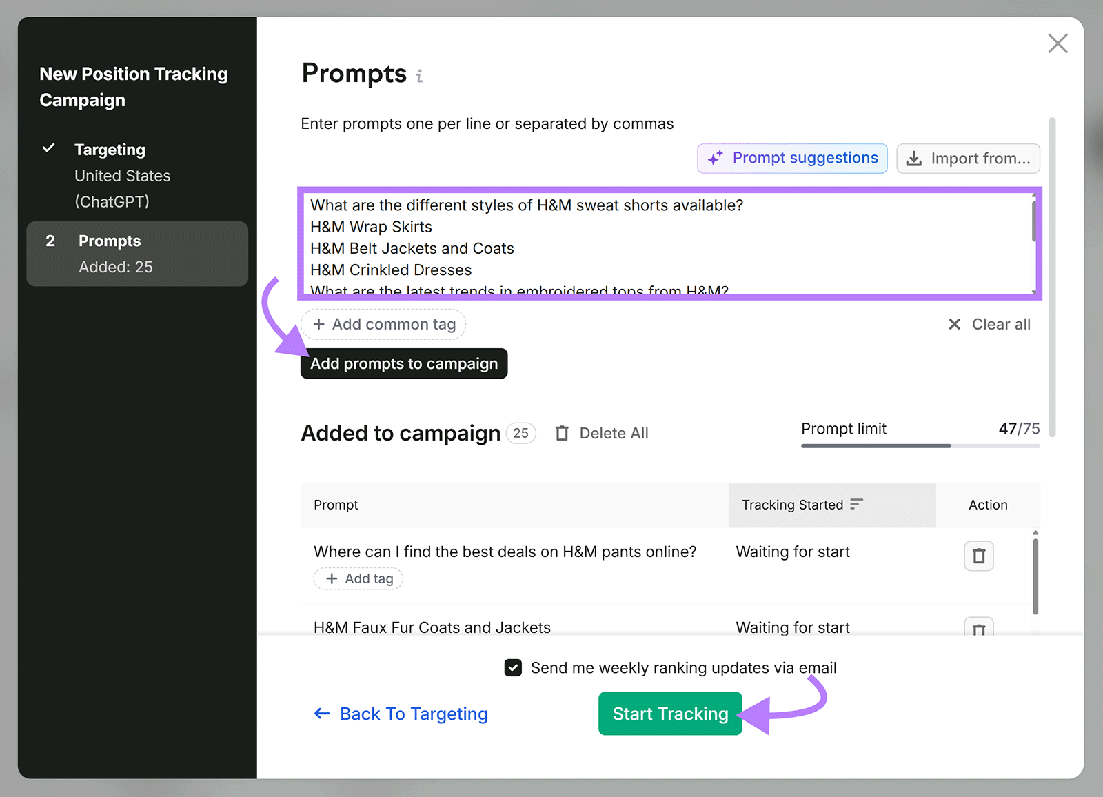Semrush Position Tracking setup with H&M prompts added and the Start Tracking button highlighted