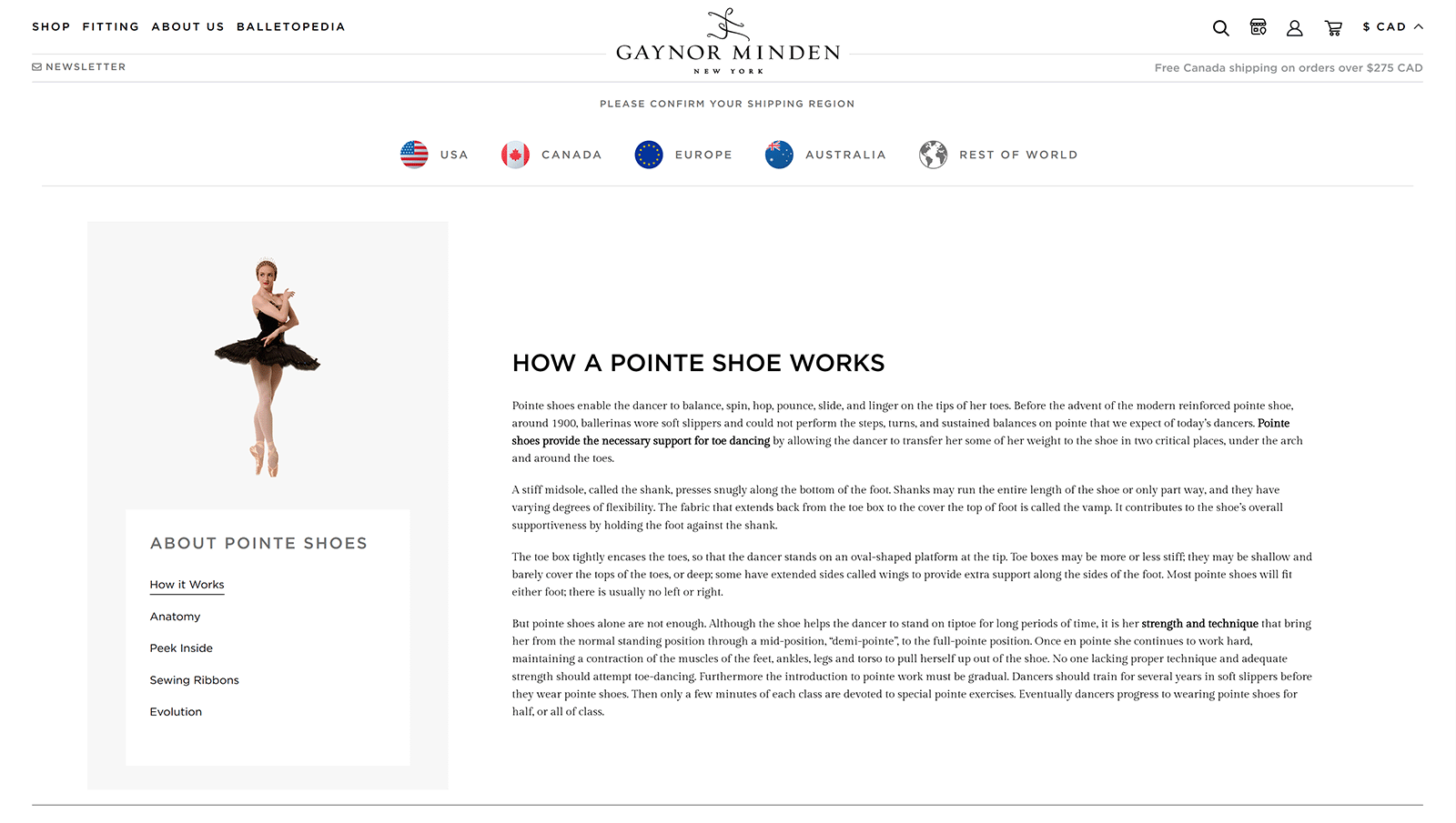 Gaynor Minden blog page titled “How a Pointe Shoe Works” with ballerina image and sidebar navigation.