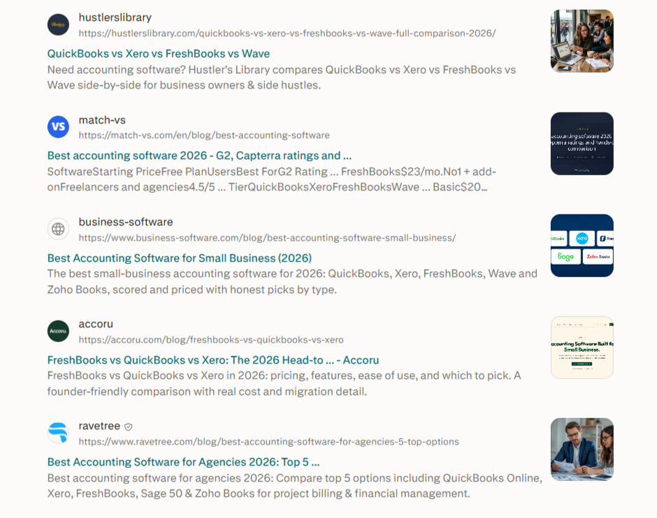 Perplexity search results for accounting software comparisons, with links from several business and software websites