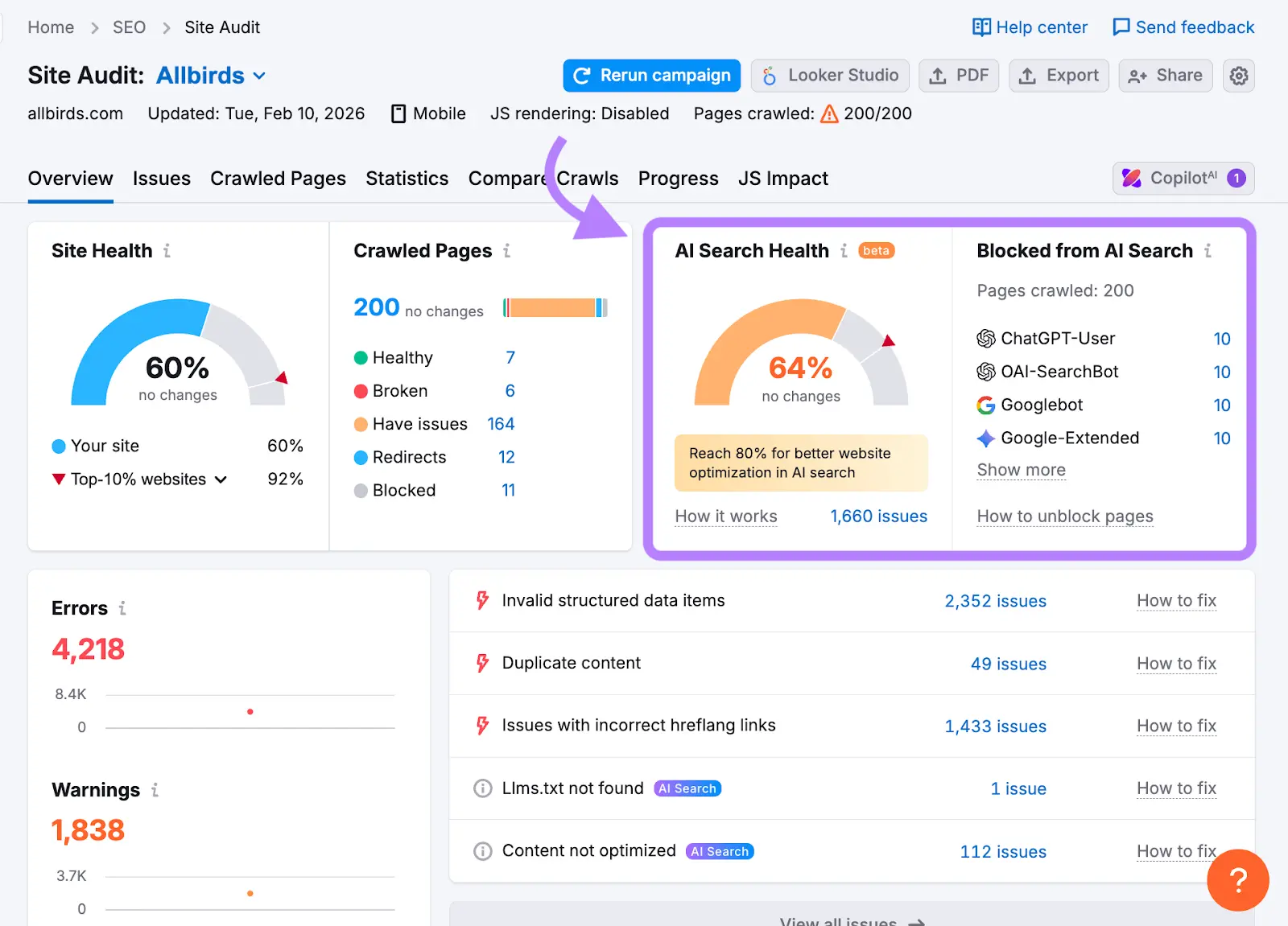 AI Search Health and a list of blocked AI crawlers highlighted on the Site Audit overview report.