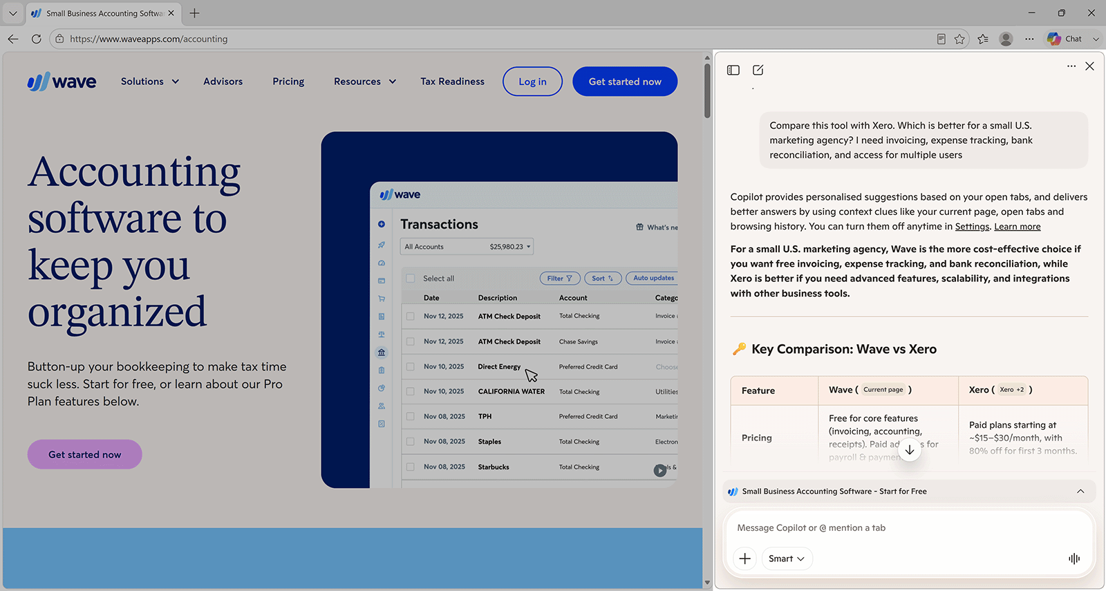 Microsoft Copilot comparing Wave and Xero while the Wave Accounting website is open in Edge