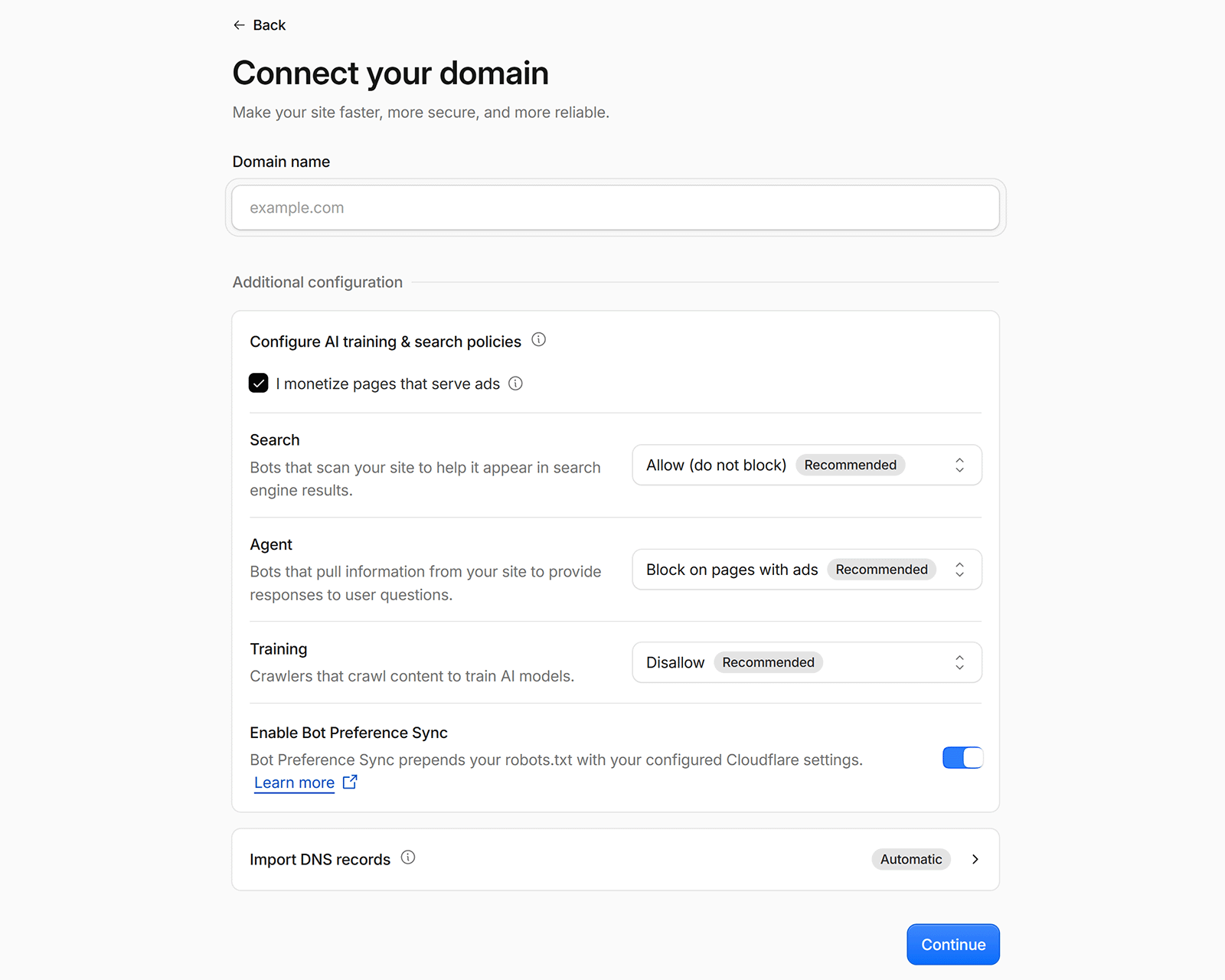 Cloudflare domain settings for allowing search bots, blocking AI agents on ad pages, and disallowing AI training crawlers