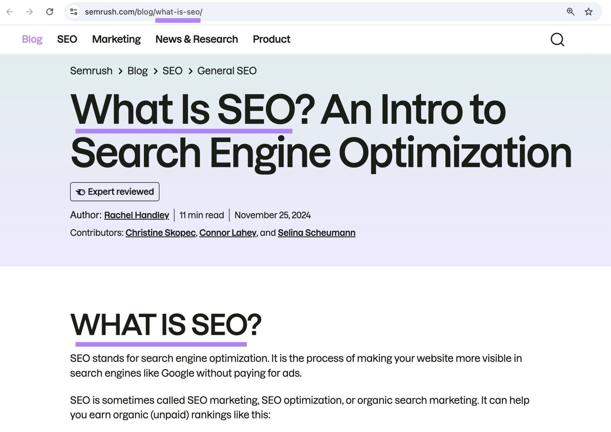 A blog post by Semrush with the target keyword highlighted in the title tag, H1, and URL slug.