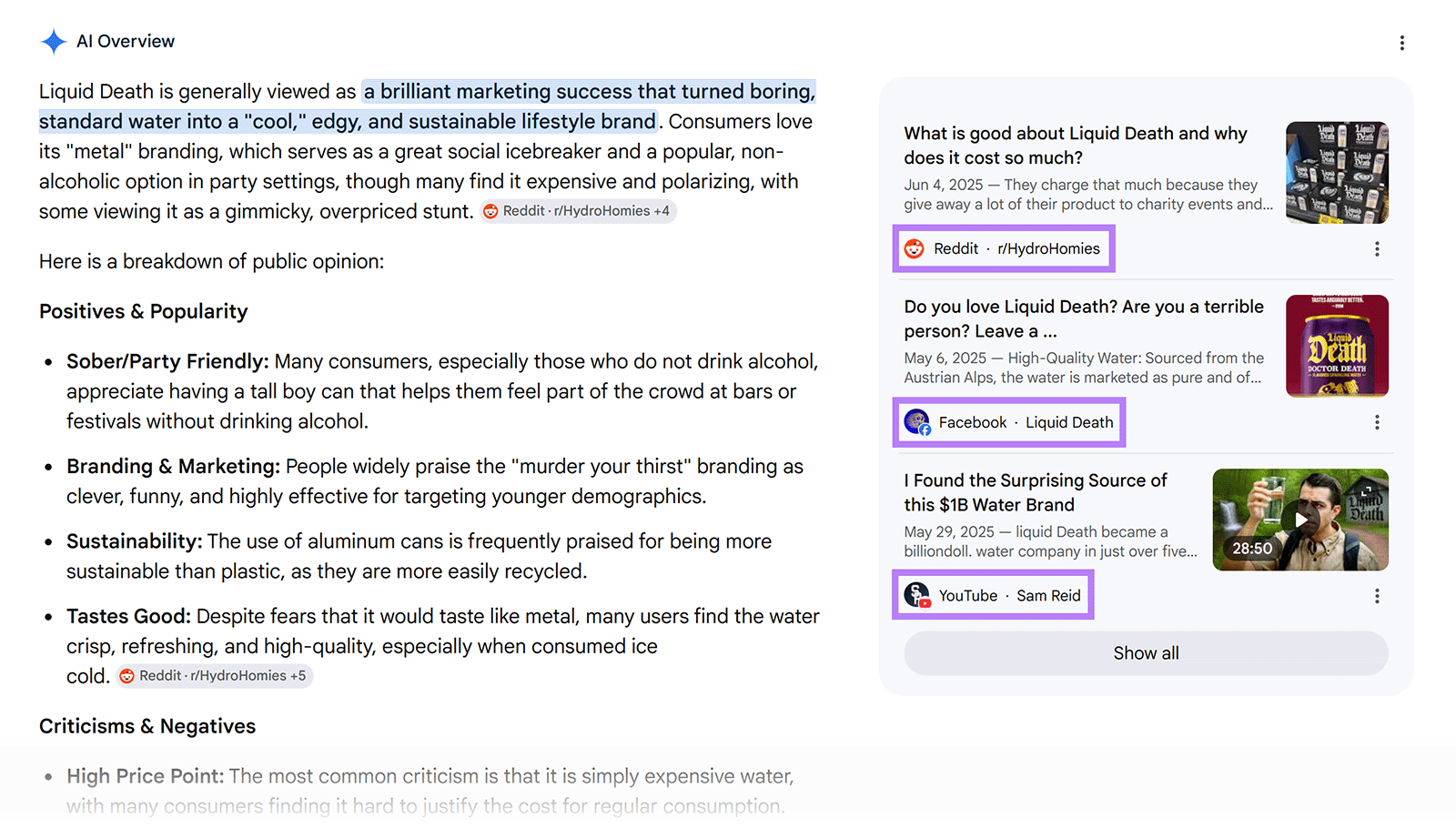 Google AI Overview citing Reddit, Facebook, and YouTube sources in a response about Liquid Death branding