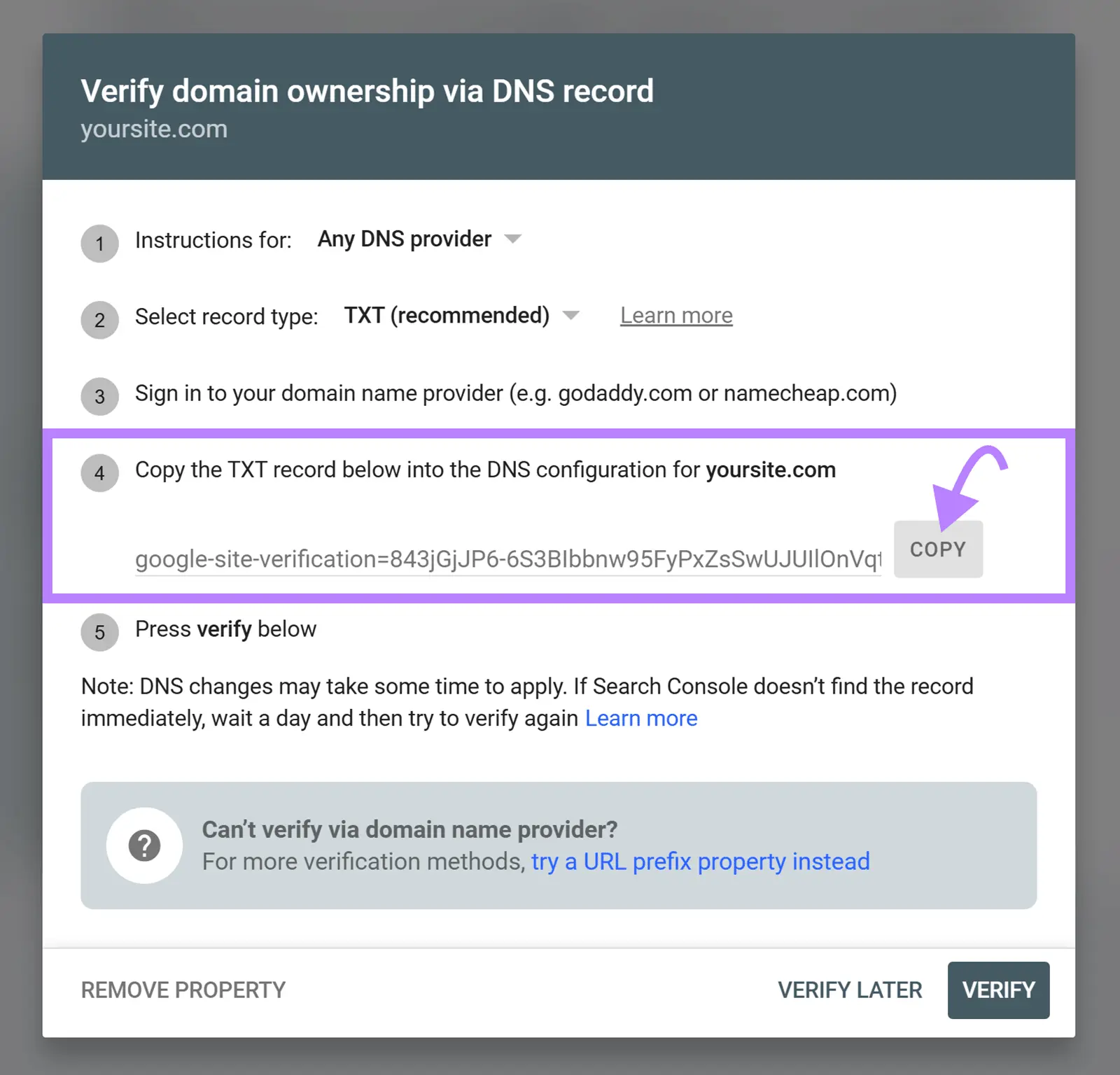 Google Search Console DNS verification screen highlighting the TXT record to copy for domain ownership verification