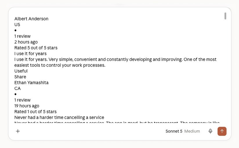 Competitor customer reviews pasted into Claude for analysis, including positive and negative feedback