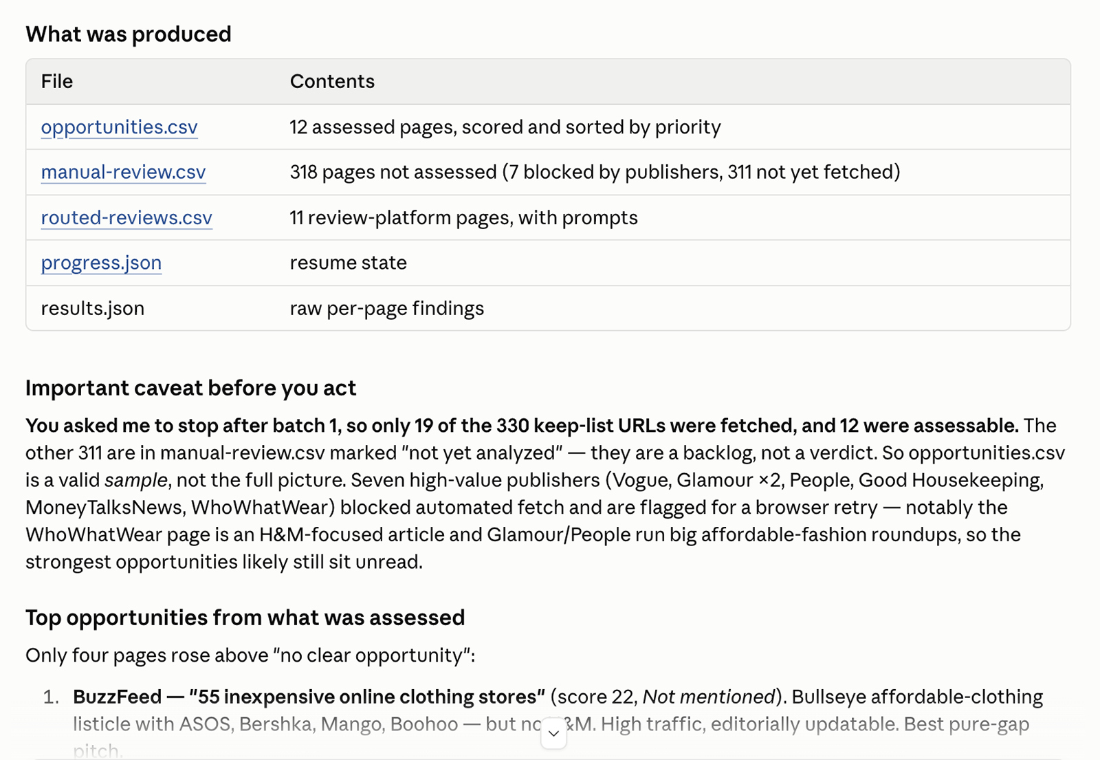 Claude summarizes citation outreach files produced, unassessed pages, and top outreach opportunities