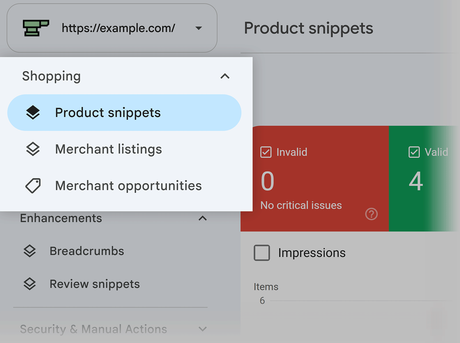 Google Search Console Shopping menu showing Product snippets, Merchant listings, and Merchant opportunities reports
