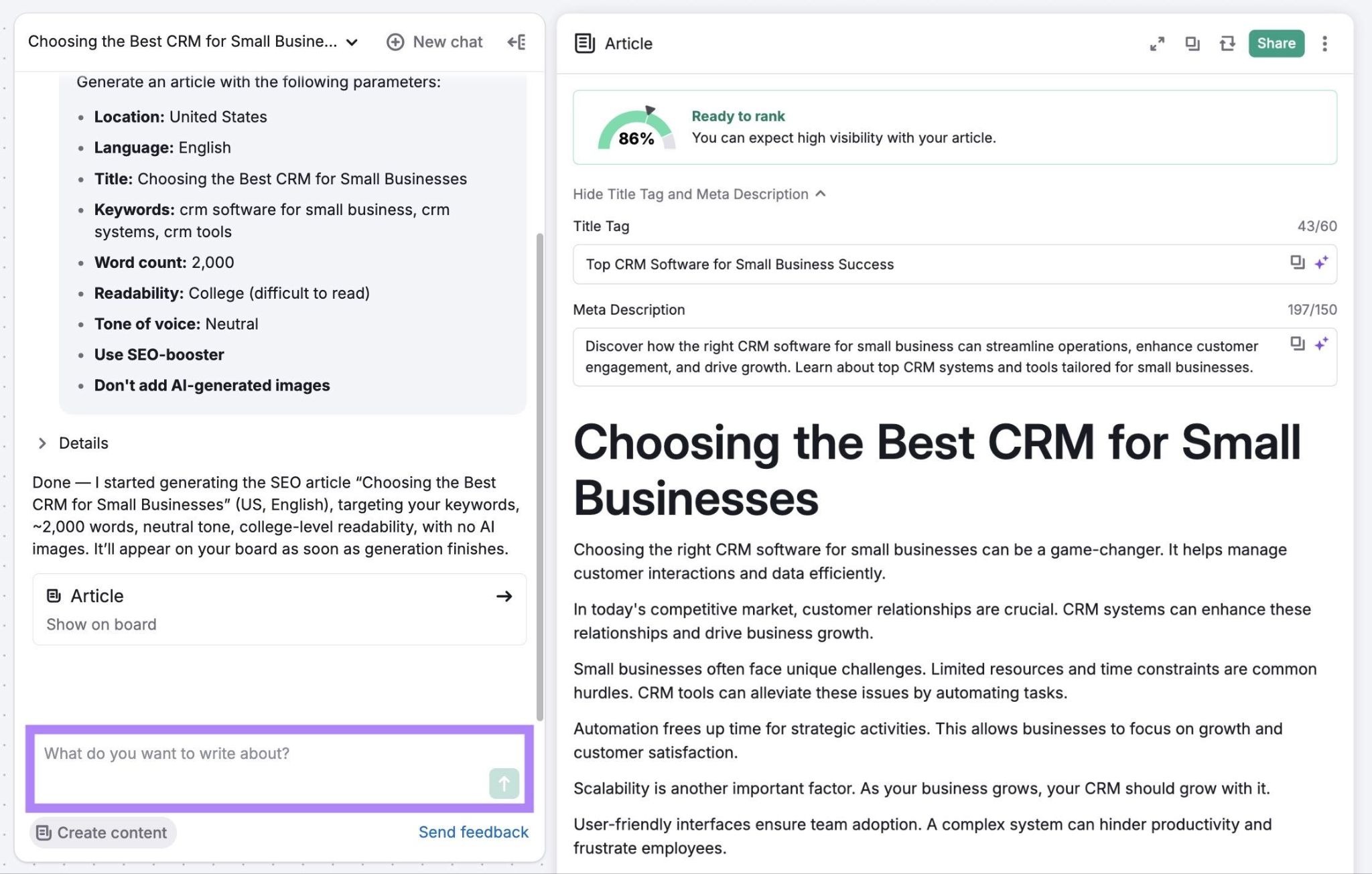 Content generated on the AI Article Generator with the chat box on the bottom-left highlighted.