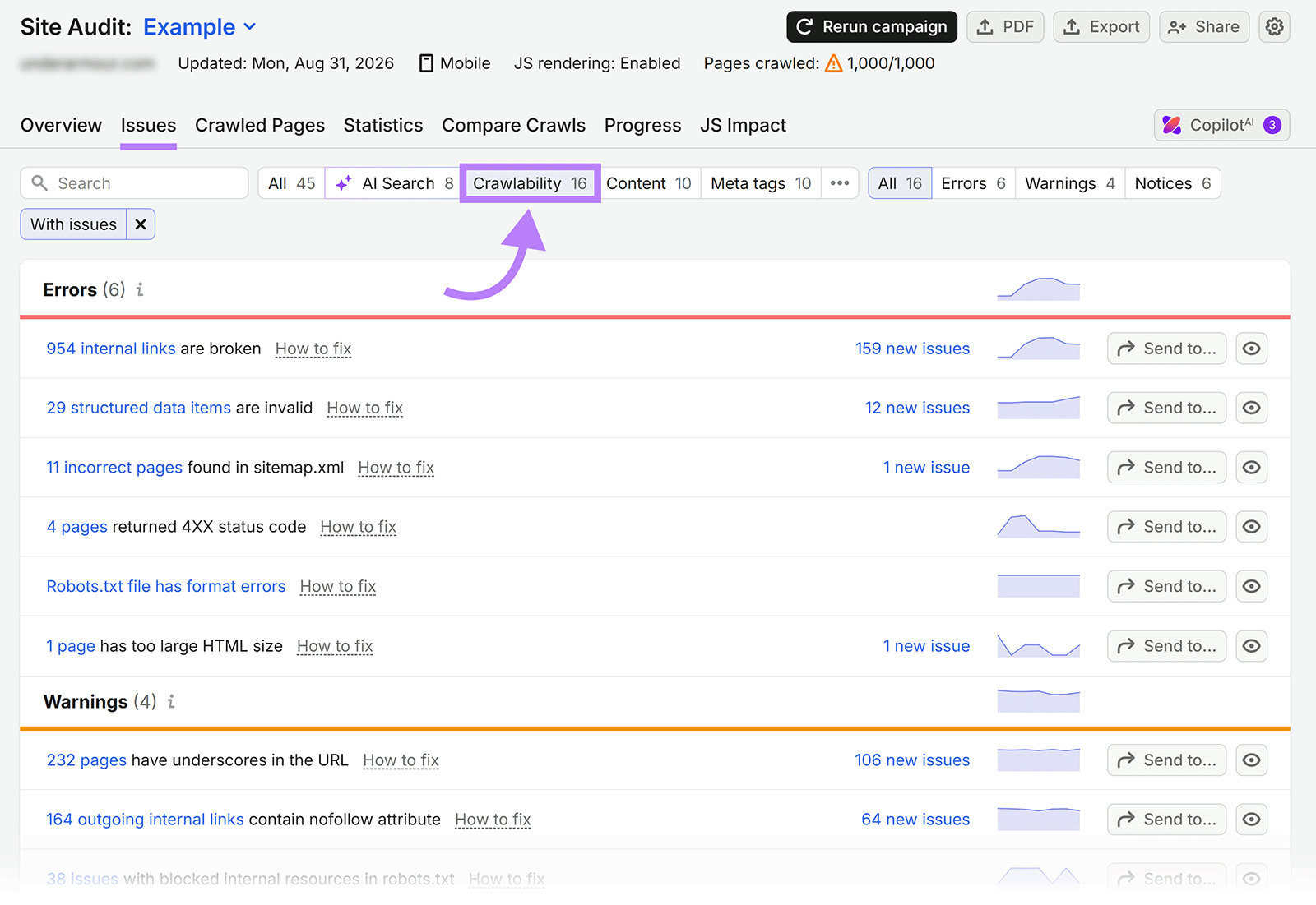 Semrush Site Audit Issues report filtered to Crawlability, showing errors and warnings