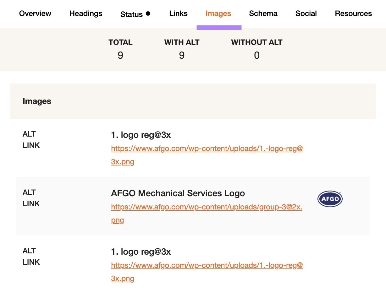 The "Images" tab on the SEO Pro Extension showing total images on a page along with how many have and don't have alt text.