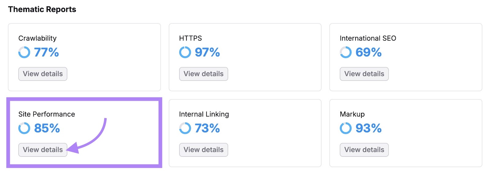 Thematic Report on Site Audit with "View details" under "Site Performance" clicked.