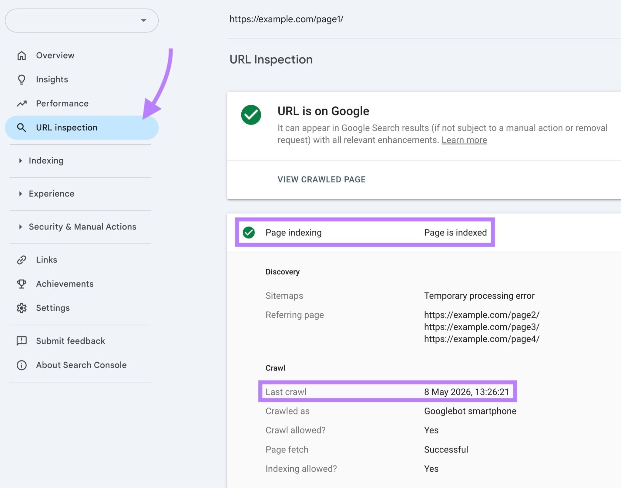 The URL Inspection report on GA4 showing if a page is indexed along with the last crawl date.