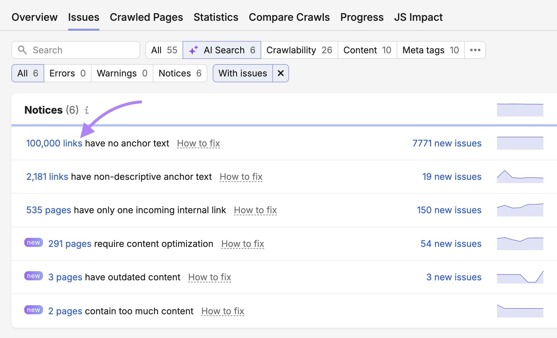 AI Search issues on Site Audit with one of the notices clicked.