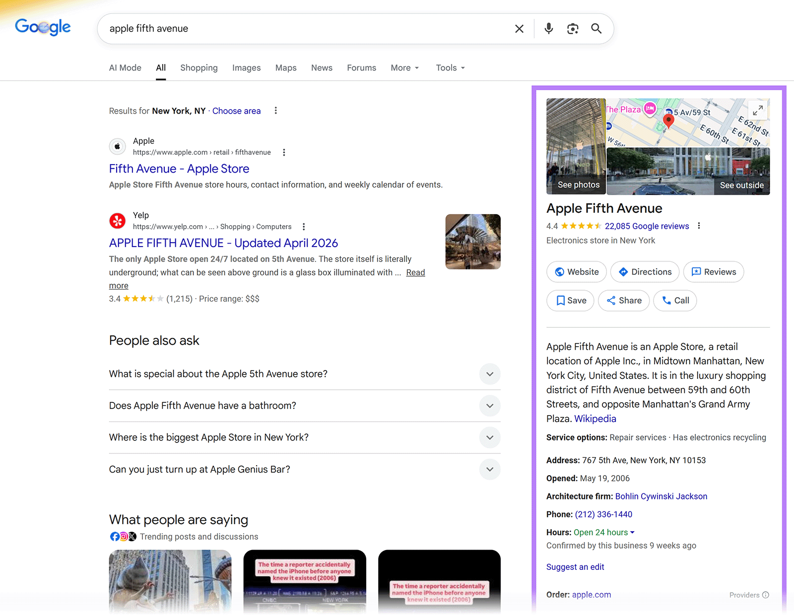 Google search for “Apple Fifth Avenue” showing local knowledge panel with map, reviews, hours, and store details