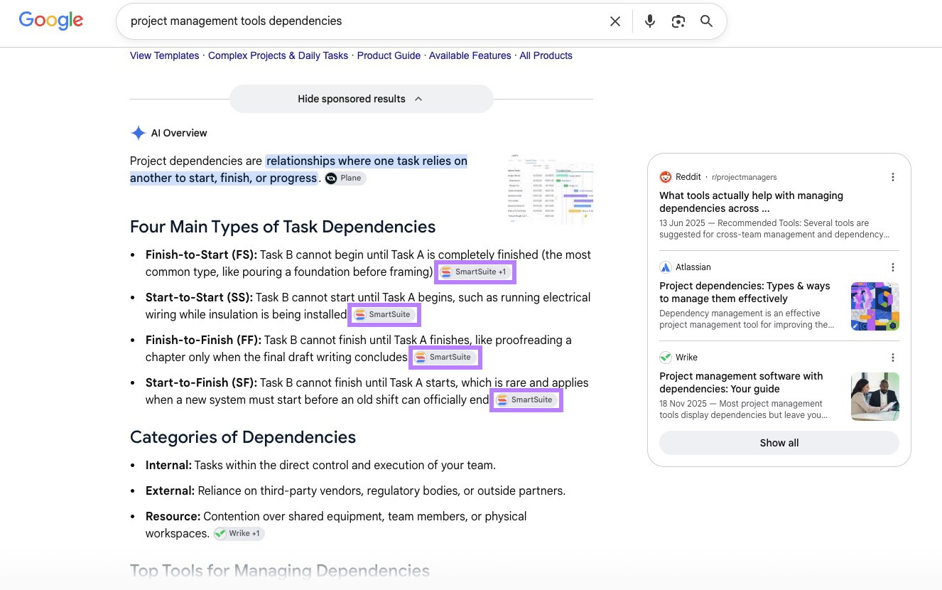 Google AI Overview explaining four types of task dependencies, with SmartSuite cited as a source