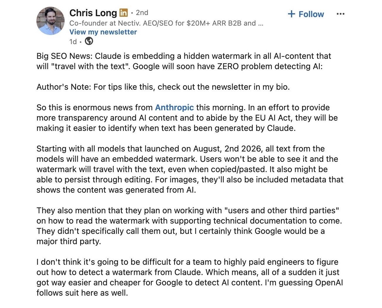 A LinkedIn post by Chris Long talking about Claude introducing a watermark in all AI-content.