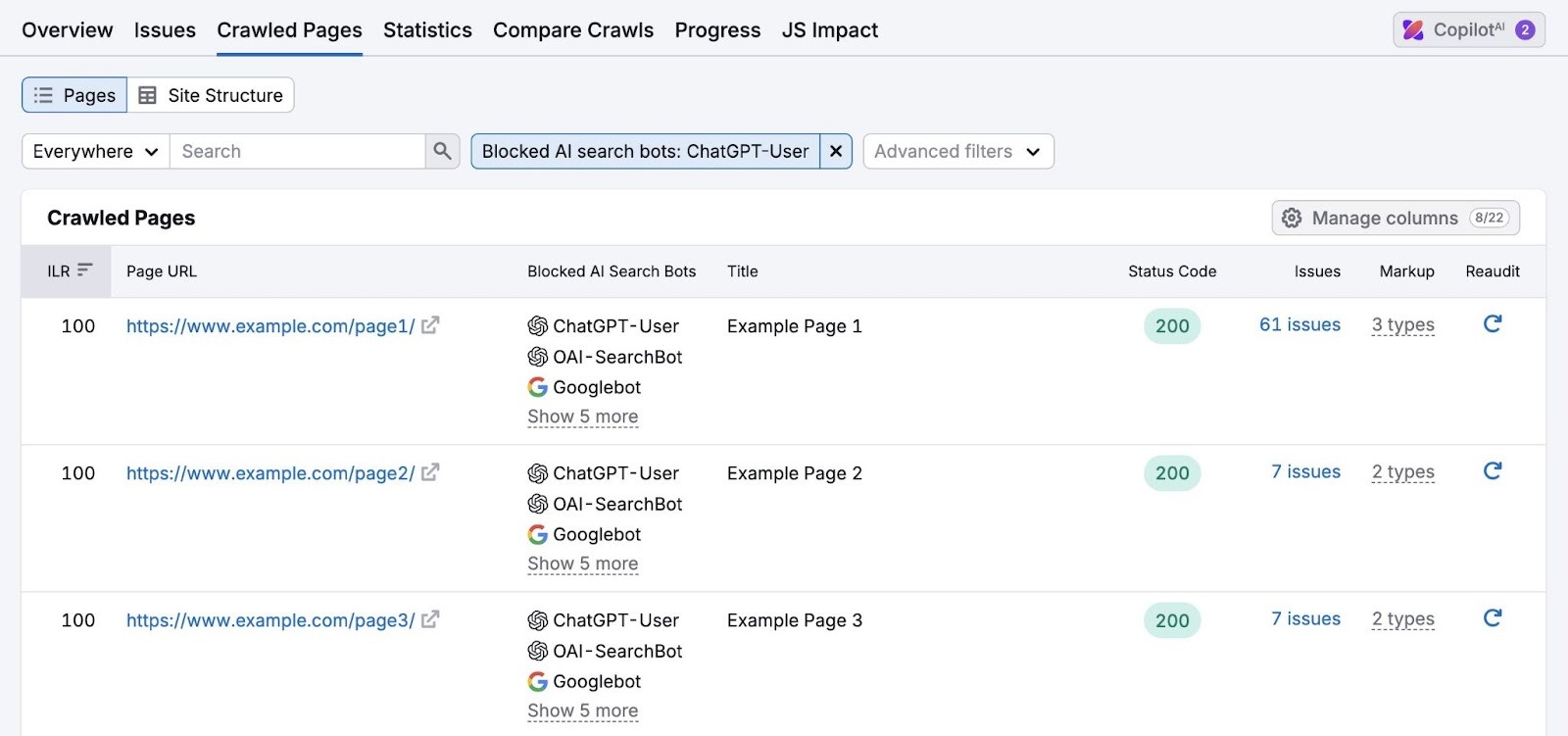 Crawled Pages on Site Audit showing a list of pages that are blocking AI crawlers.