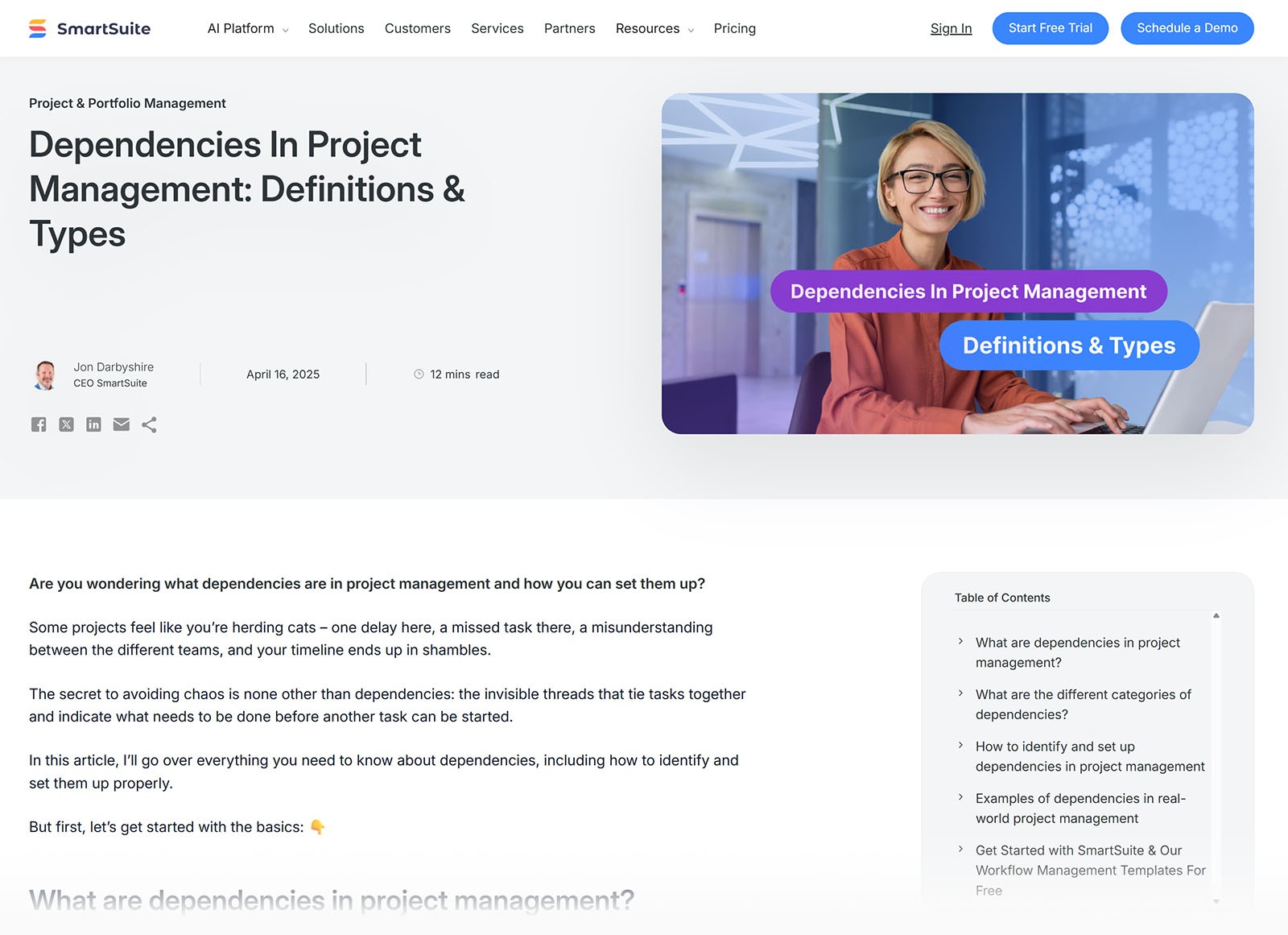 SmartSuite article about dependencies in project management, including definitions, types, and examples