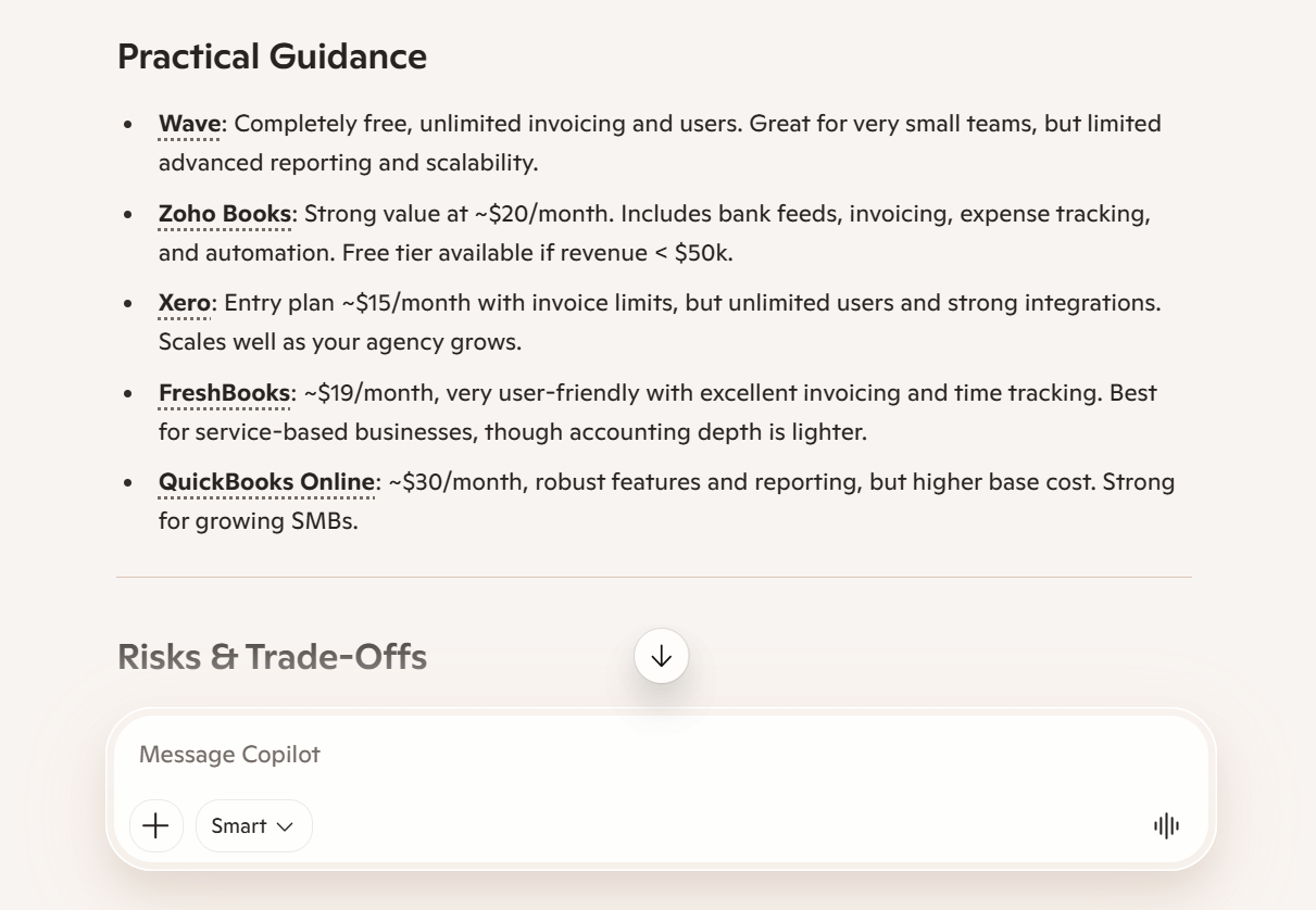 Microsoft Copilot lists practical guidance on Wave, Zoho Books, Xero, FreshBooks, and QuickBooks Online
