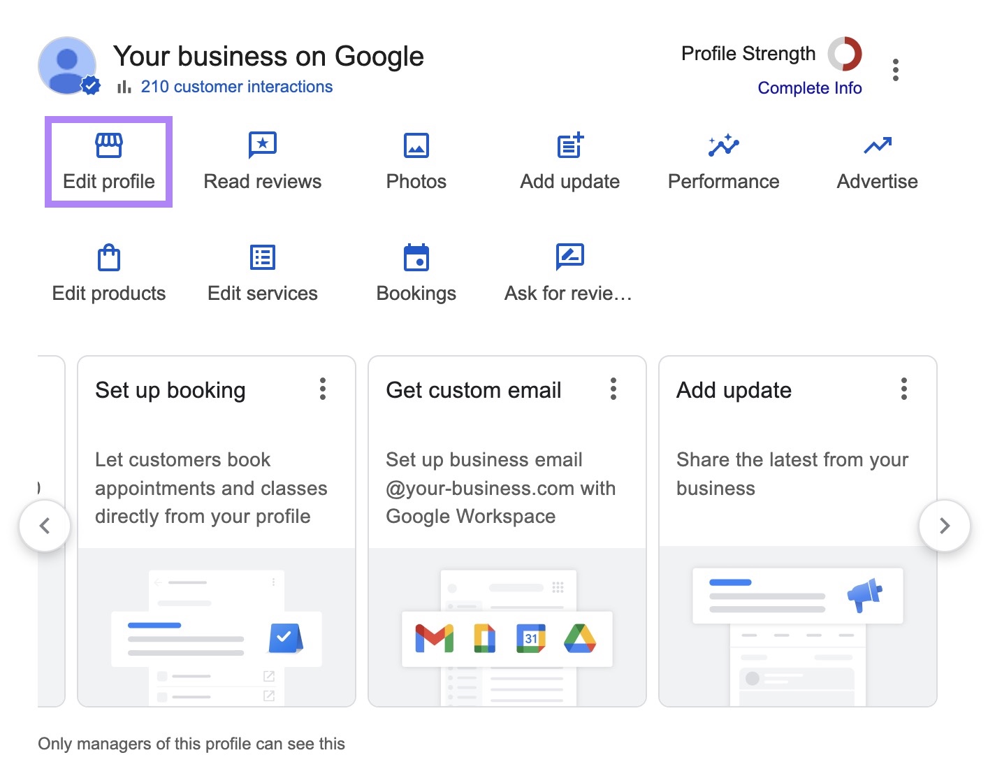 Google Business Profile dashboard with the "Edit profile" button highlighted.