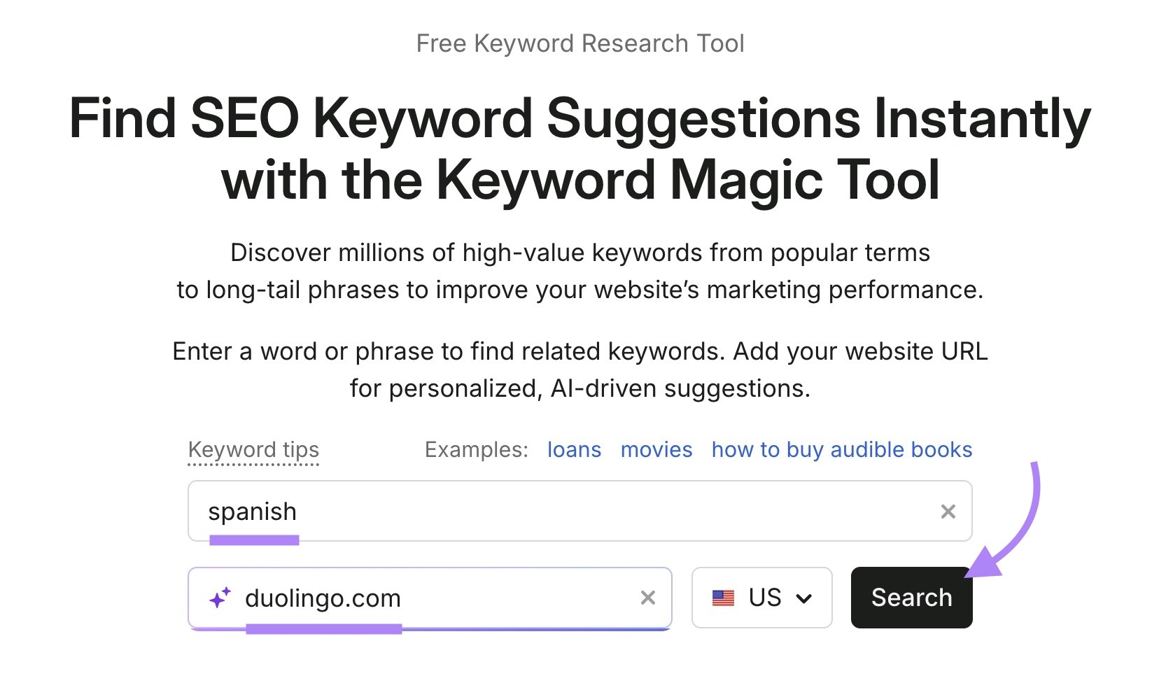 Keyword Magic Tool with "spanish" entered as the term, "duolingo.com" as the domain, and "Search" clicked.