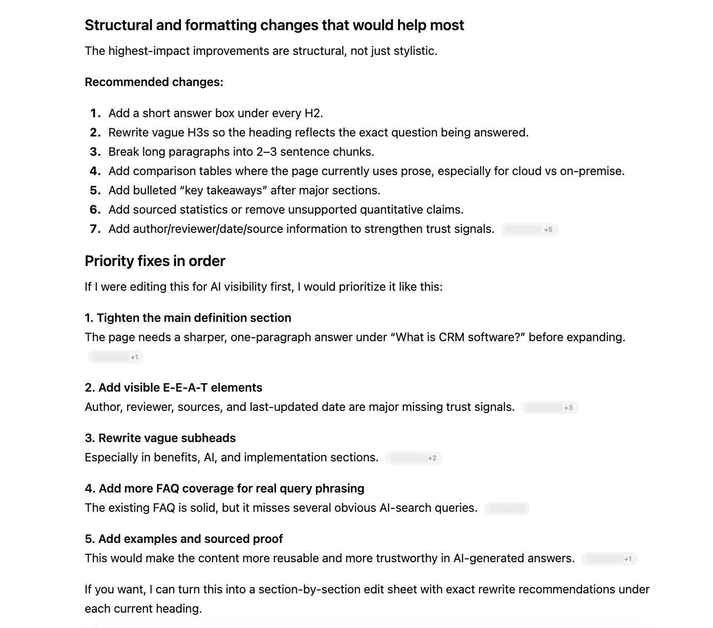 A list of AI-content optimization ideas for a blog post generated on ChatGPT.