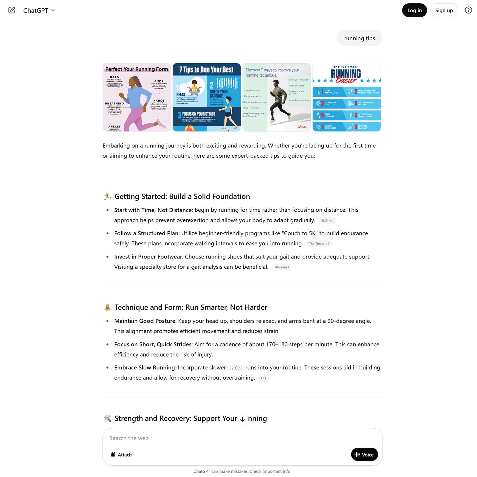 ChatGPT displays expert-backed running tips in a structured list with graphics above sections like form and recovery.