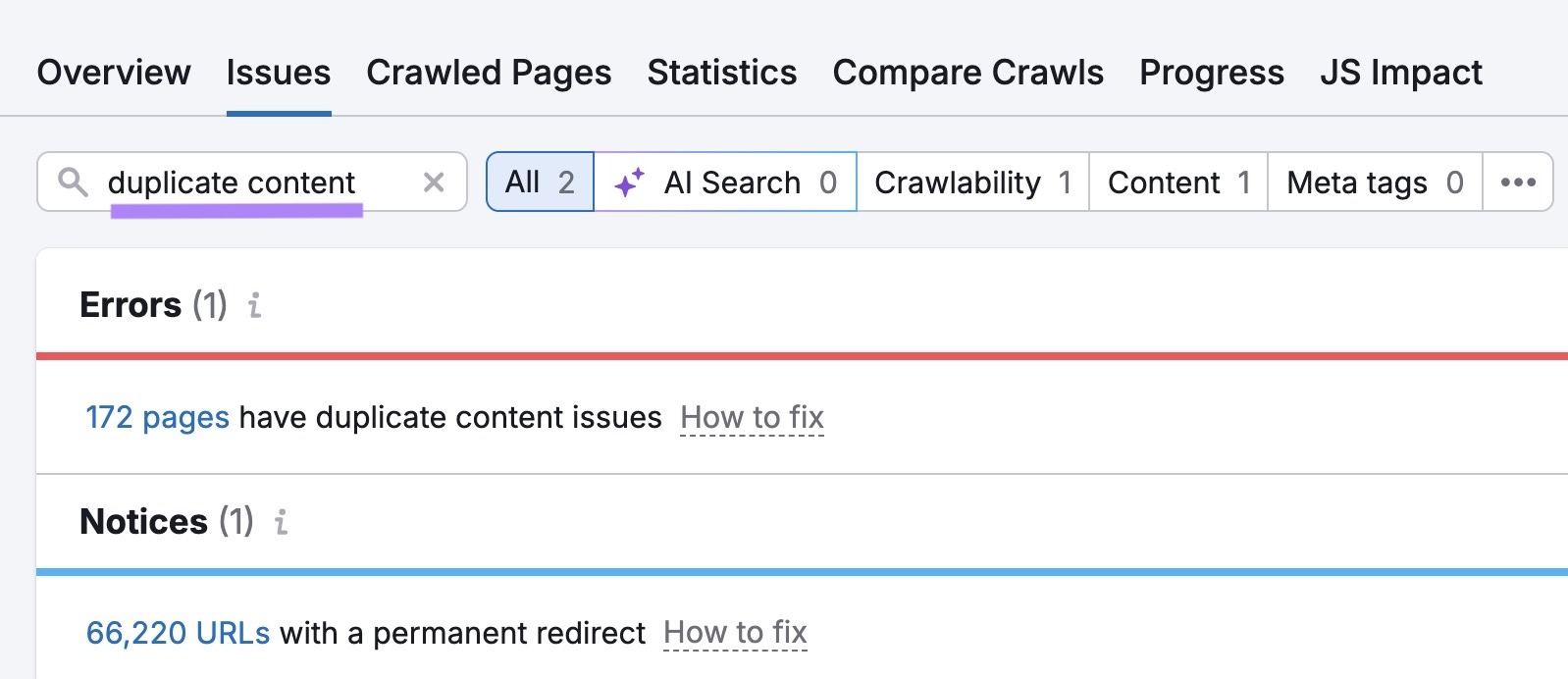 "duplicate content" entered on the "Issues" tab of the Site Audit tool showing a list of related errors and notices.
