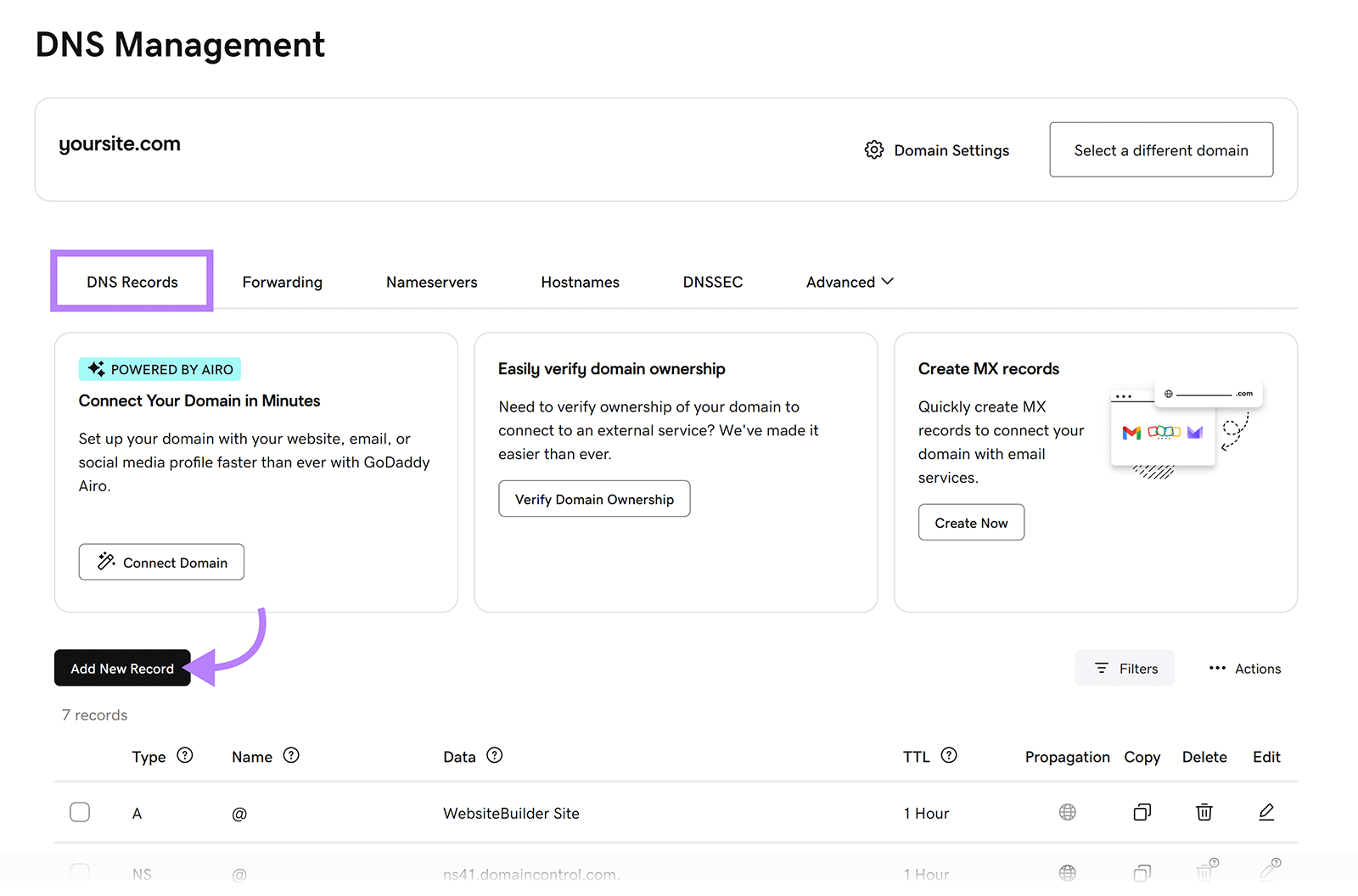 GoDaddy DNS Management page with DNS Records selected and the Add New Record button highlighted