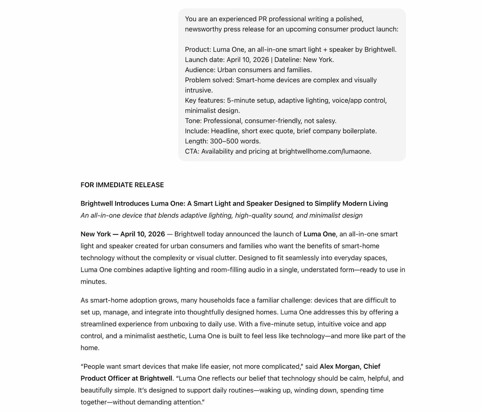 ChatGPT generating a detailed press release for a consumer product based on a prompt.