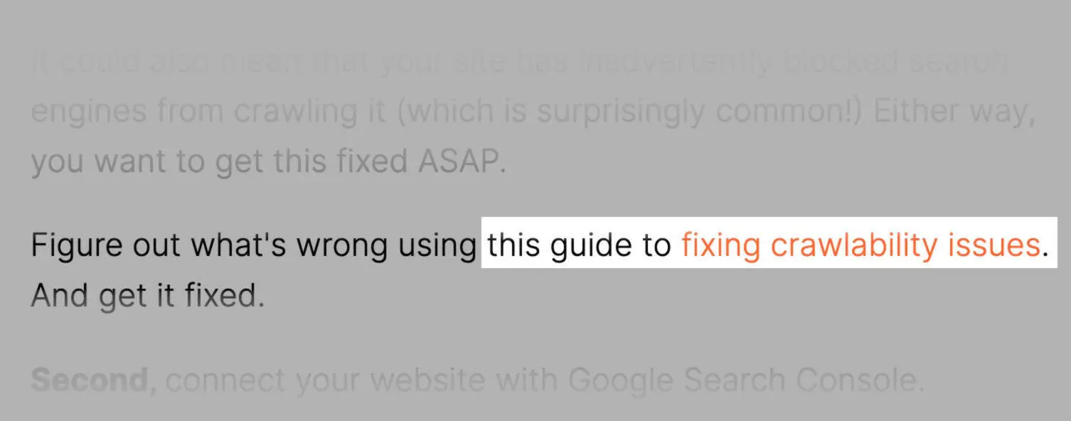 Internal link using the anchor text “fixing crawlability issues” within a webpage