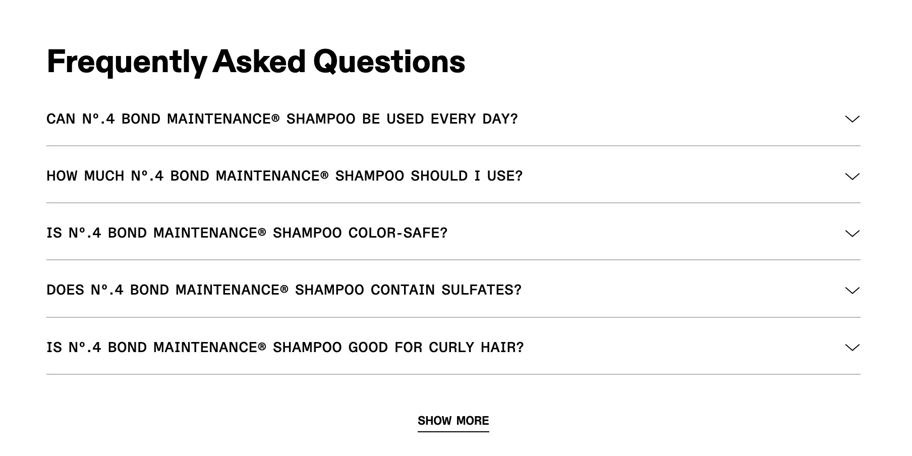 Product FAQs on the OLAPLEX website addressing concerns like amount to use, frequency of use, and ingredients.