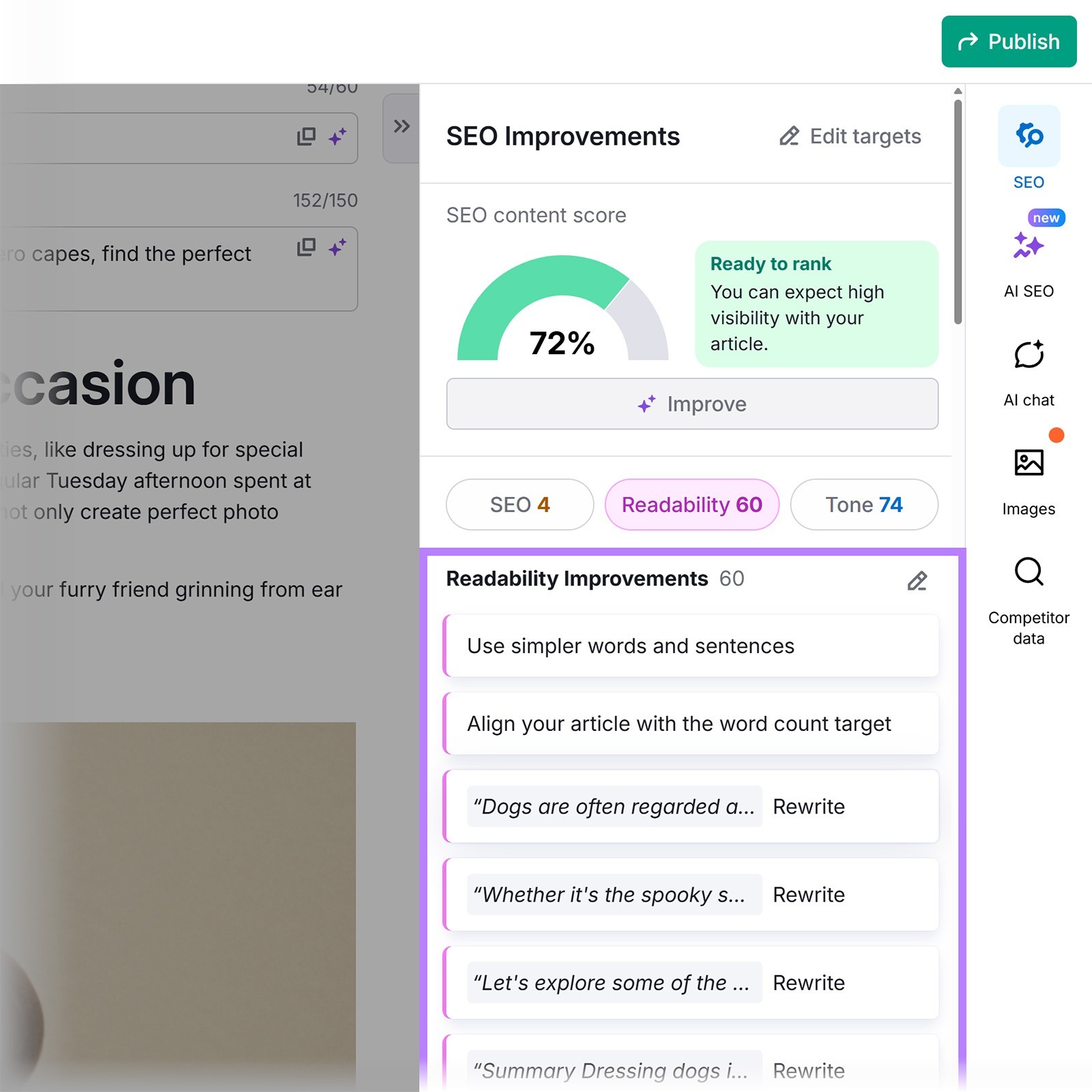 SEO editor panel highlighting readability improvements with rewrite suggestions and clarity tips.